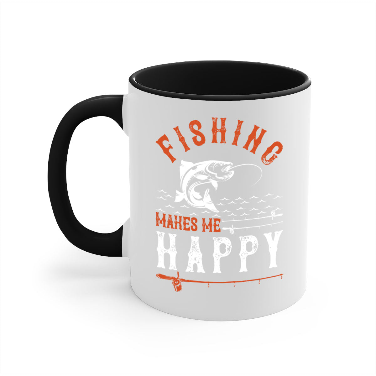 Ceramic coffee mug with 'Fishing Makes Me Happy' design, featuring a glossy finish and colored handle.