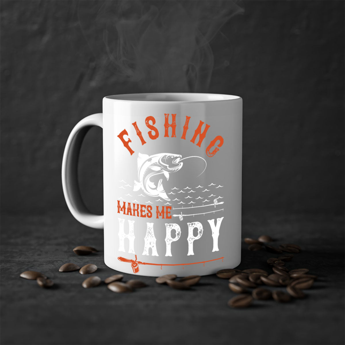 Ceramic coffee mug with 'Fishing Makes Me Happy' design, featuring a glossy finish and colored handle.