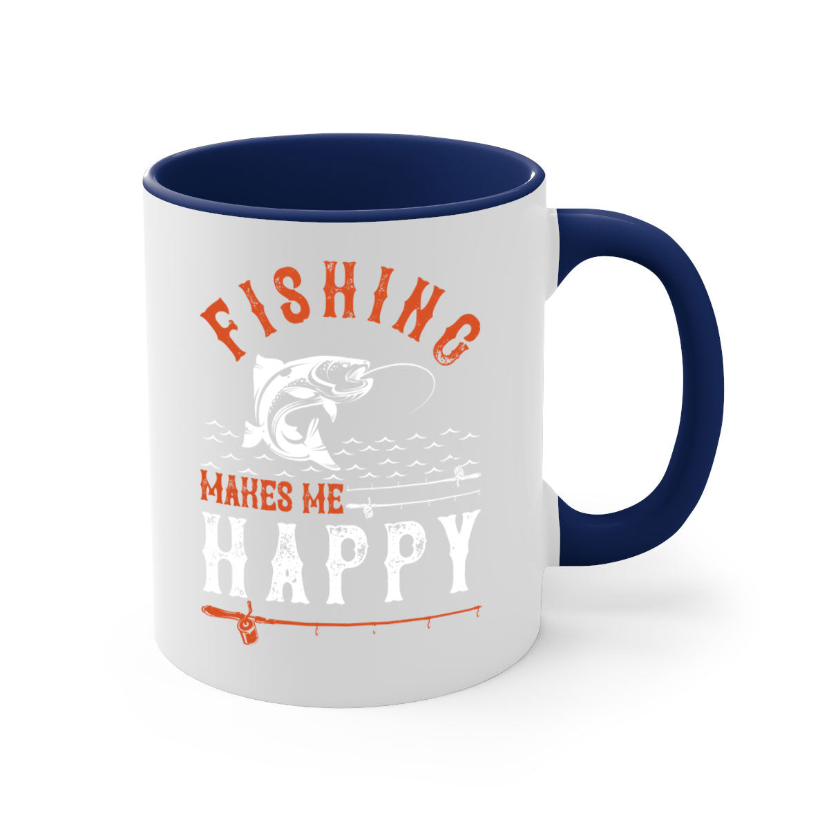Ceramic coffee mug with 'Fishing Makes Me Happy' design, featuring a glossy finish and colored handle.