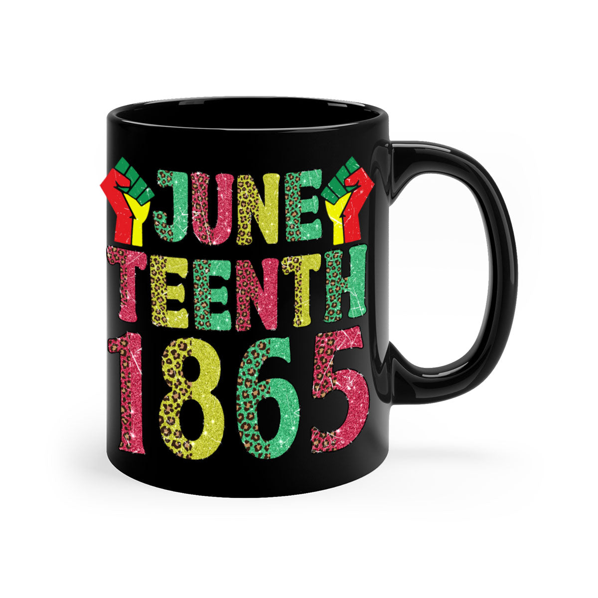Fist Juneteenth Since 1865 Design Mug with colorful handle and glossy finish, perfect for coffee and tea.