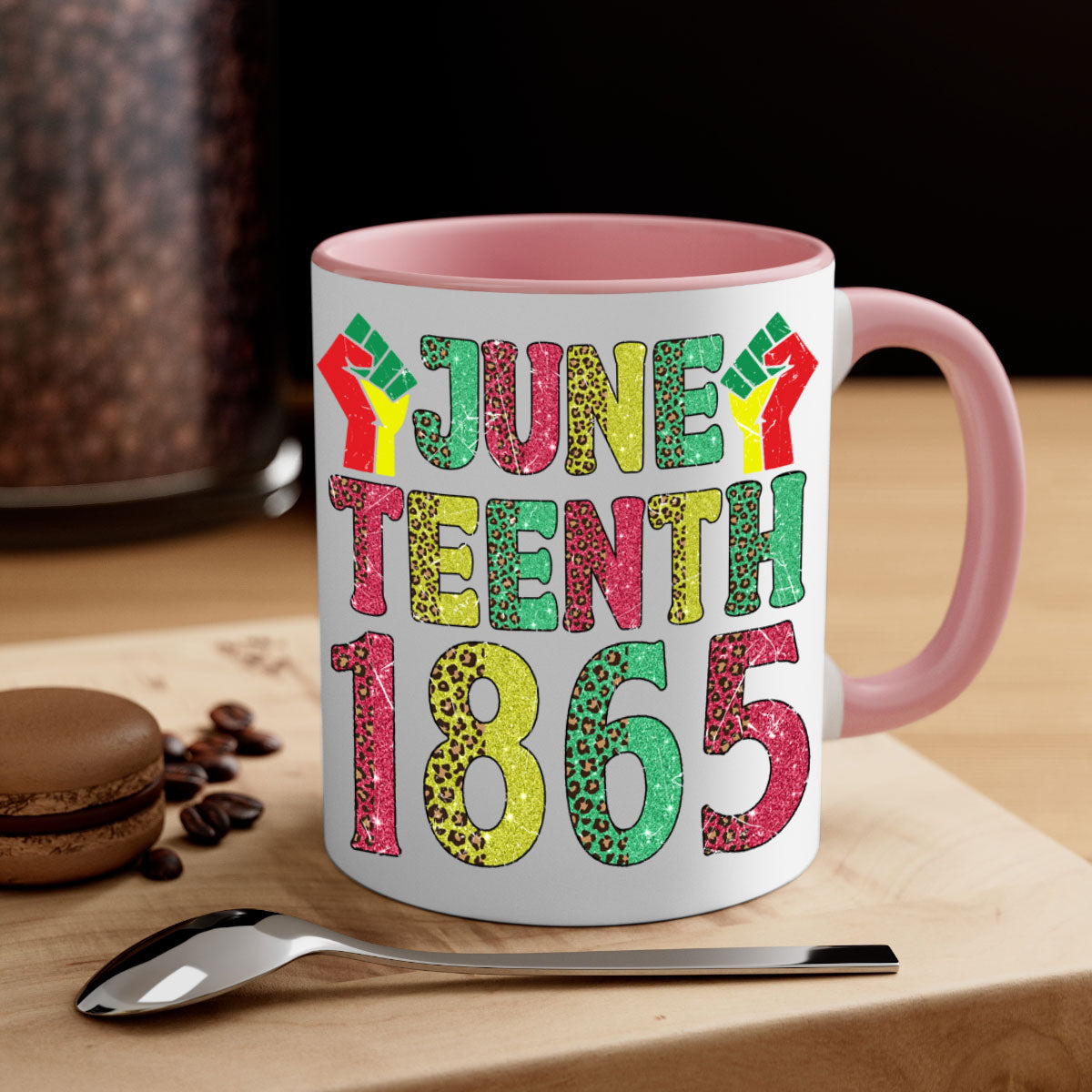 Fist Juneteenth Since 1865 Design Mug with colorful handle and glossy finish, perfect for coffee and tea.