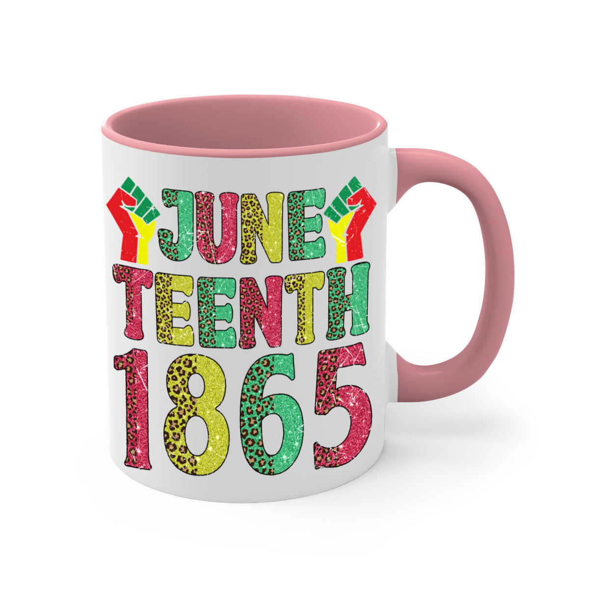 Fist Juneteenth Since 1865 Design Mug with colorful handle and glossy finish, perfect for coffee and tea.