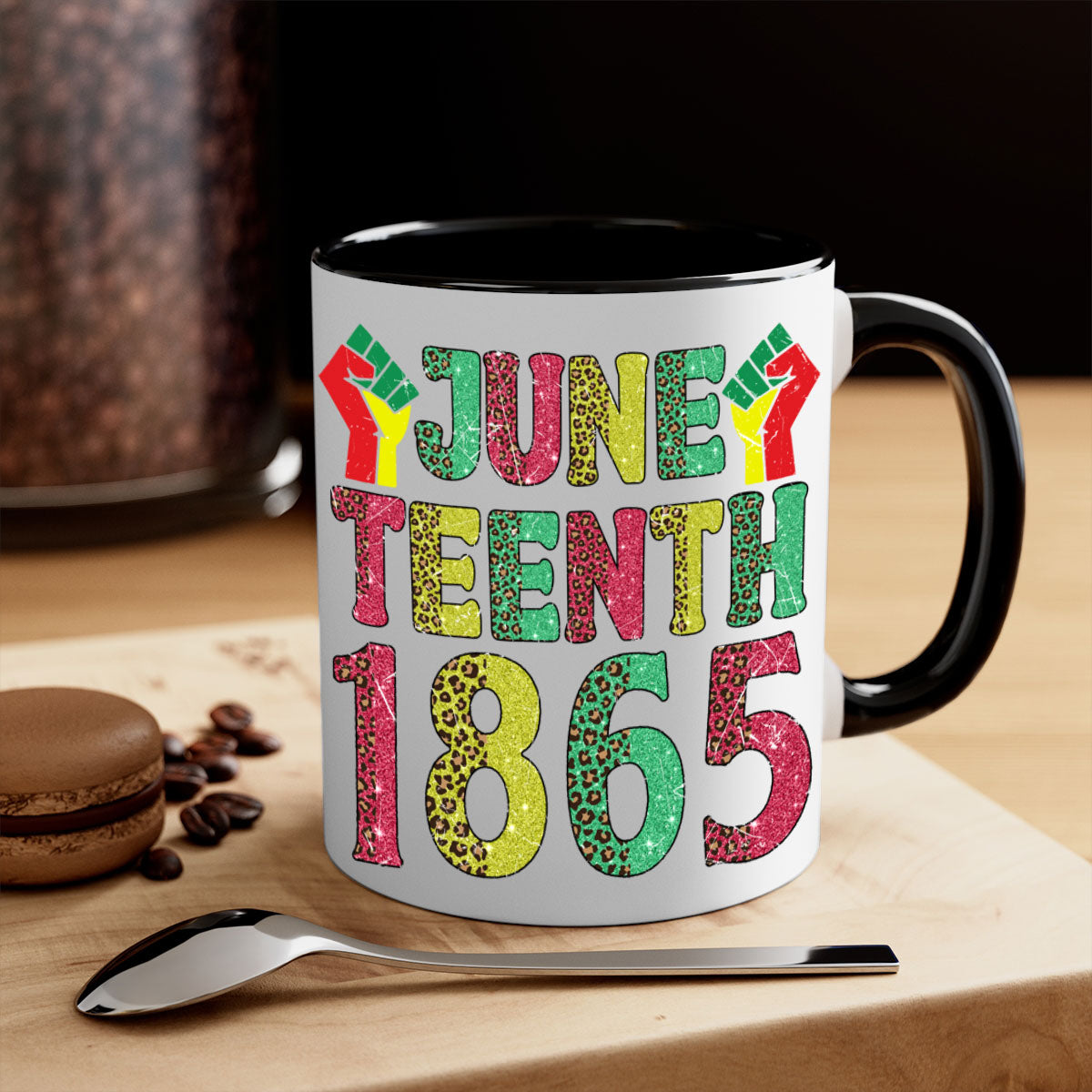 Fist Juneteenth Since 1865 Design Mug with colorful handle and glossy finish, perfect for coffee and tea.