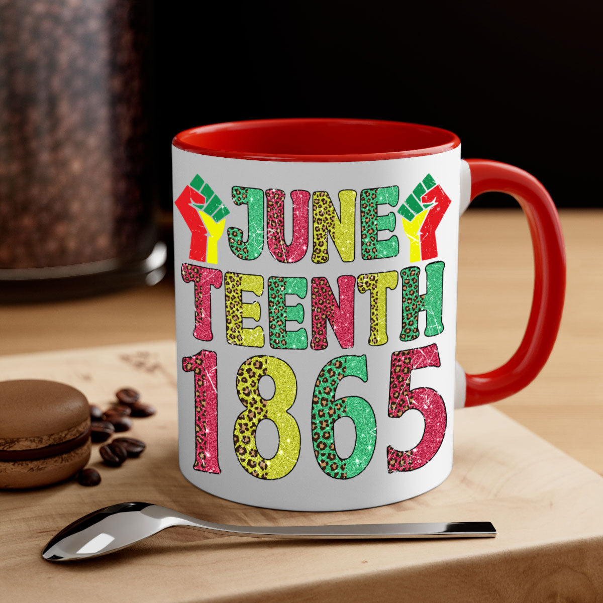 Fist Juneteenth Since 1865 Design Mug with colorful handle and glossy finish, perfect for coffee and tea.