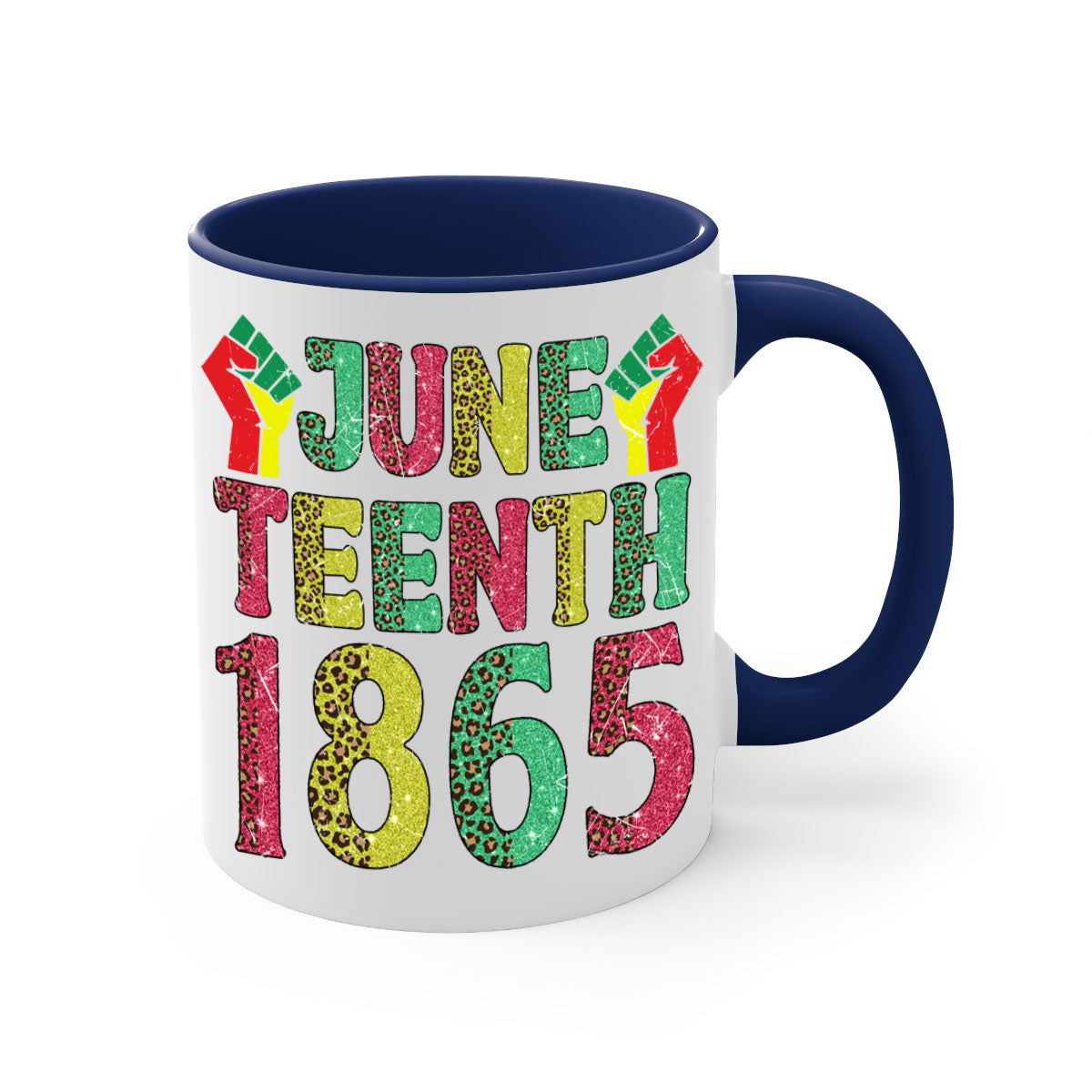 Fist Juneteenth Since 1865 Design Mug with colorful handle and glossy finish, perfect for coffee and tea.