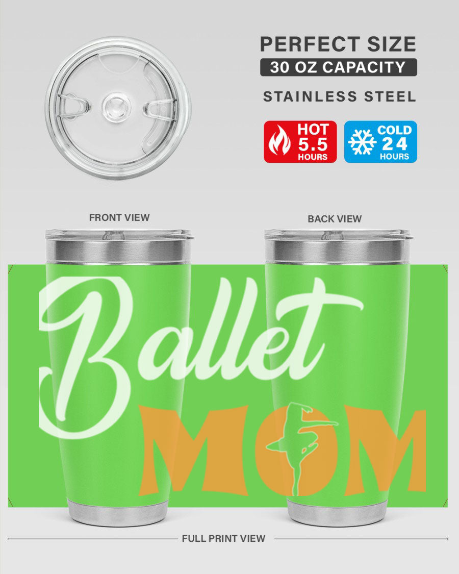 Fitted Dance Mom Ballet SVG Tumbler showcasing a stylish design with ballet graphics, made from stainless steel with a drink-thru lid.
