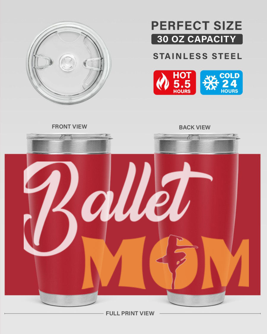 Fitted Dance Mom Ballet SVG Tumbler showcasing a stylish design with ballet graphics, made from stainless steel with a drink-thru lid.