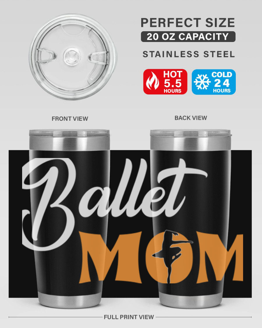 Fitted Dance Mom Ballet SVG Tumbler showcasing a stylish design with ballet graphics, made from stainless steel with a drink-thru lid.