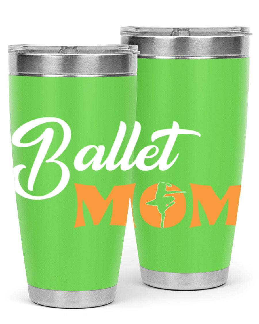 Fitted Dance Mom Ballet SVG Tumbler showcasing a stylish design with ballet graphics, made from stainless steel with a drink-thru lid.