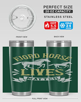 Fjord Horse Lives Matter Style 54# 20oz tumbler featuring a double wall vacuum design with a copper lining, ideal for hot and cold beverages.