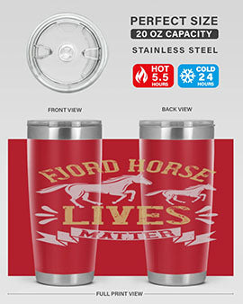Fjord Horse Lives Matter Style 54# 20oz tumbler featuring a double wall vacuum design with a copper lining, ideal for hot and cold beverages.