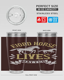 Fjord Horse Lives Matter Style 54# 20oz tumbler featuring a double wall vacuum design with a copper lining, ideal for hot and cold beverages.