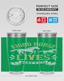 Fjord Horse Lives Matter Style 54# 20oz tumbler featuring a double wall vacuum design with a copper lining, ideal for hot and cold beverages.