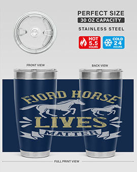 Fjord Horse Lives Matter Style 54# 20oz tumbler featuring a double wall vacuum design with a copper lining, ideal for hot and cold beverages.