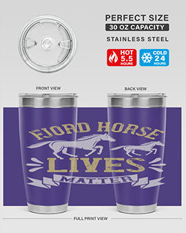 Fjord Horse Lives Matter Style 54# 20oz tumbler featuring a double wall vacuum design with a copper lining, ideal for hot and cold beverages.