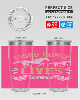 Fjord Horse Lives Matter Style 54# 20oz tumbler featuring a double wall vacuum design with a copper lining, ideal for hot and cold beverages.
