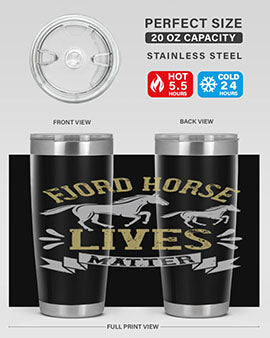 Fjord Horse Lives Matter Style 54# 20oz tumbler featuring a double wall vacuum design with a copper lining, ideal for hot and cold beverages.