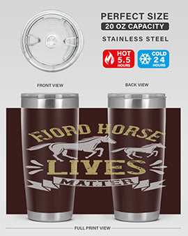 Fjord Horse Lives Matter Style 54# 20oz tumbler featuring a double wall vacuum design with a copper lining, ideal for hot and cold beverages.