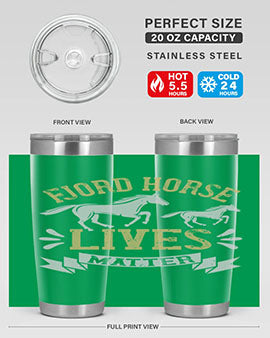 Fjord Horse Lives Matter Style 54# 20oz tumbler featuring a double wall vacuum design with a copper lining, ideal for hot and cold beverages.