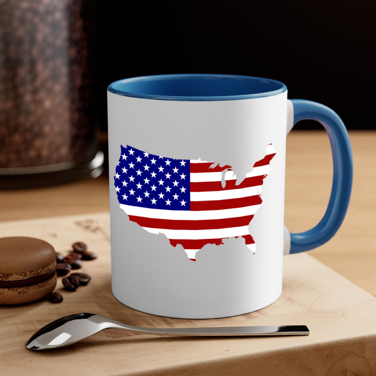 Ceramic coffee mug featuring a flag and map design with a glossy finish and colored handle.