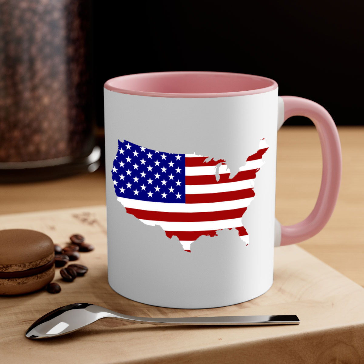 Ceramic coffee mug featuring a flag and map design with a glossy finish and colored handle.