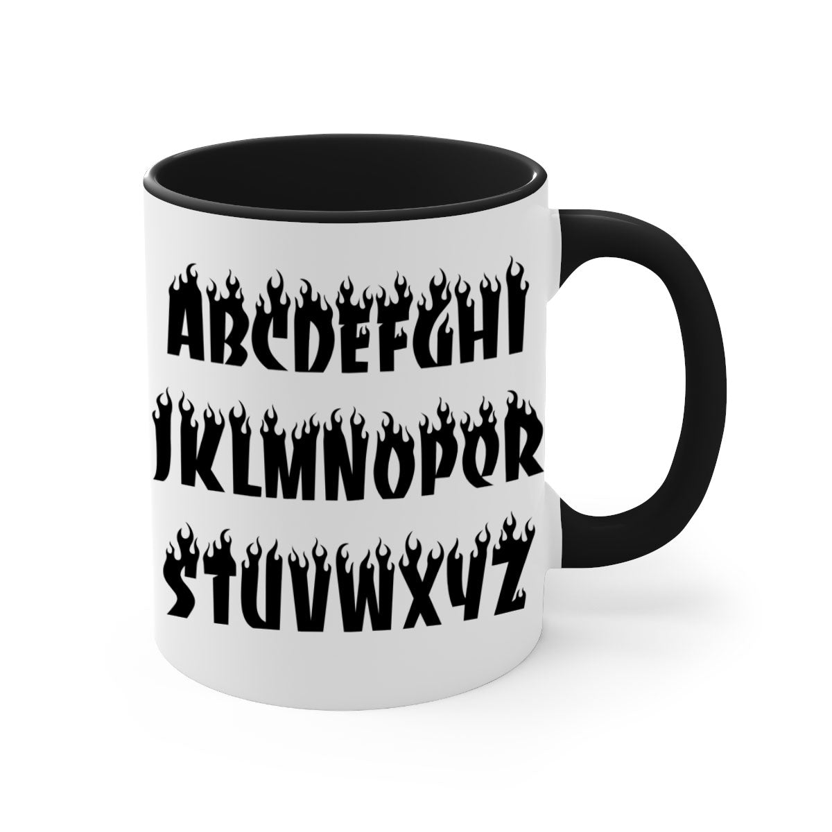 Flame font 153# Mug featuring black words and phrases, with a glossy finish and colored handle, available in multiple colors.