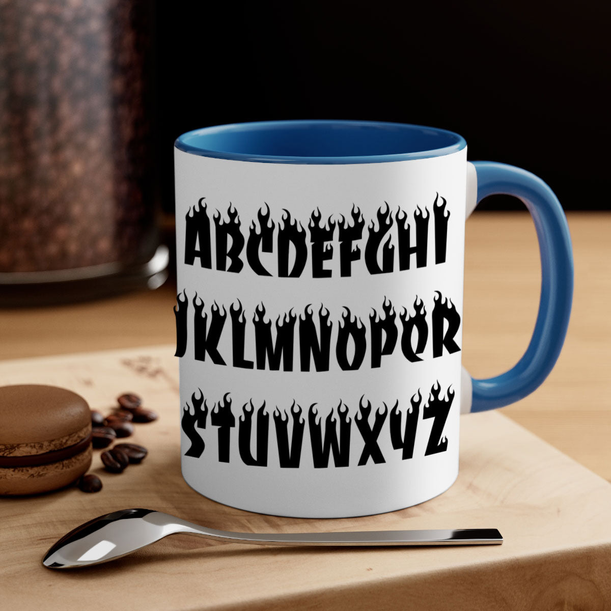 Flame font 153# Mug featuring black words and phrases, with a glossy finish and colored handle, available in multiple colors.