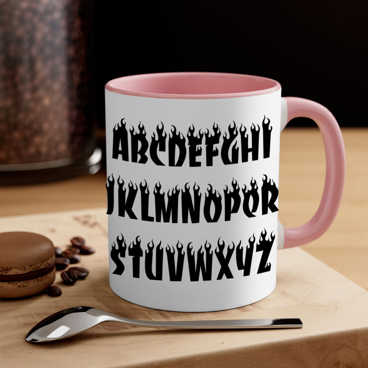 Flame font 153# Mug featuring black words and phrases, with a glossy finish and colored handle, available in multiple colors.