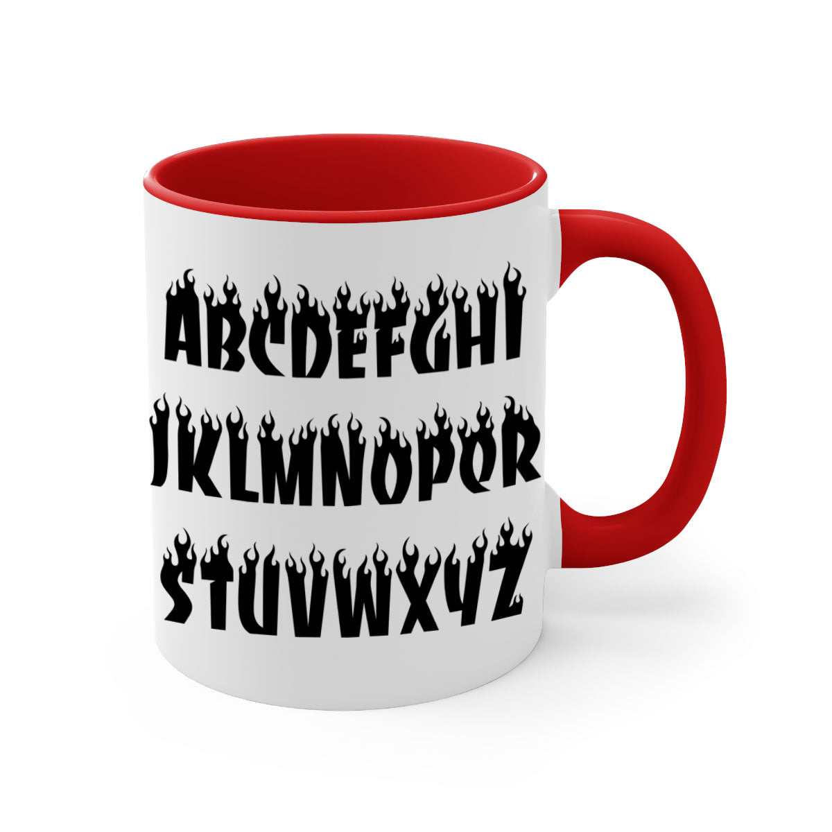 Flame font 153# Mug featuring black words and phrases, with a glossy finish and colored handle, available in multiple colors.