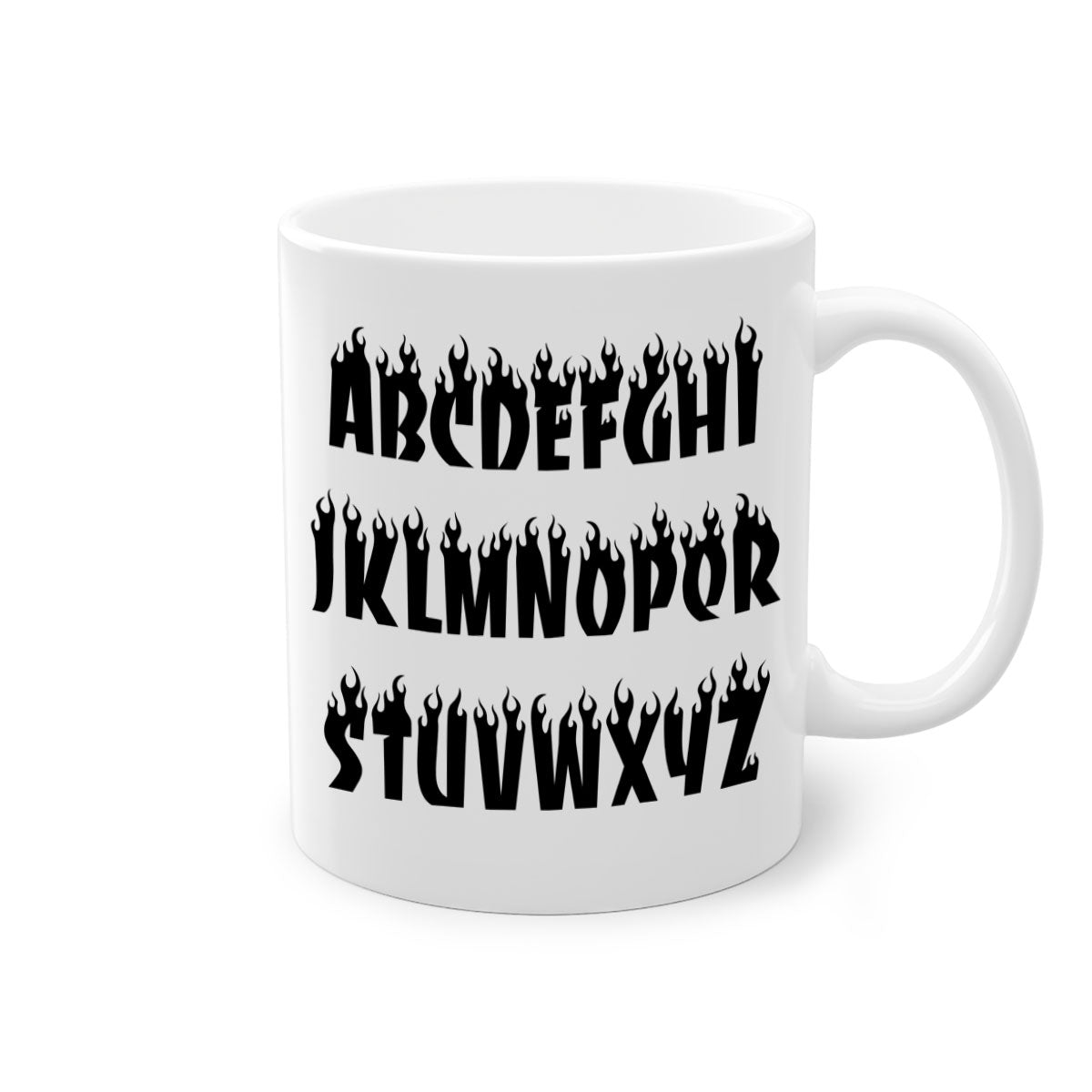 Flame font 153# Mug featuring black words and phrases, with a glossy finish and colored handle, available in multiple colors.