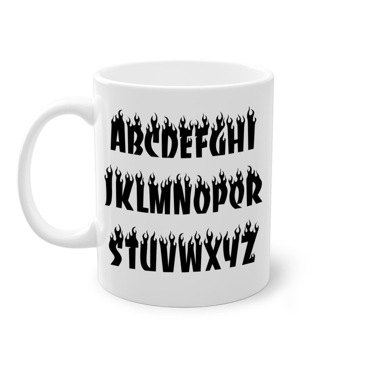 Flame font 153# Mug featuring black words and phrases, with a glossy finish and colored handle, available in multiple colors.