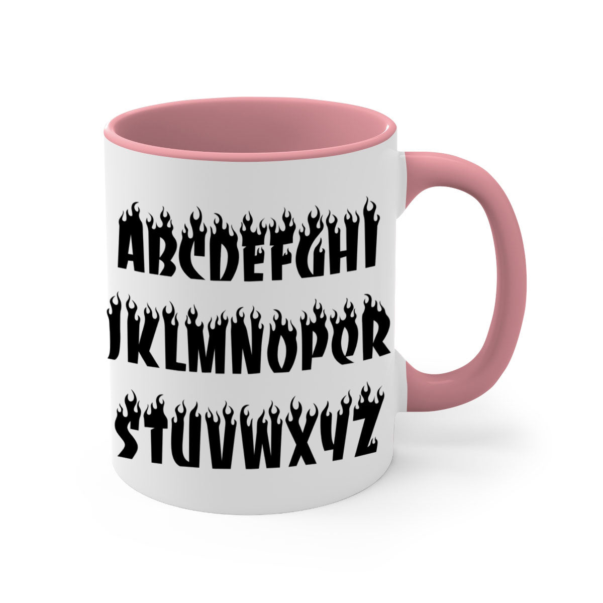 Flame font 153# Mug featuring black words and phrases, with a glossy finish and colored handle, available in multiple colors.