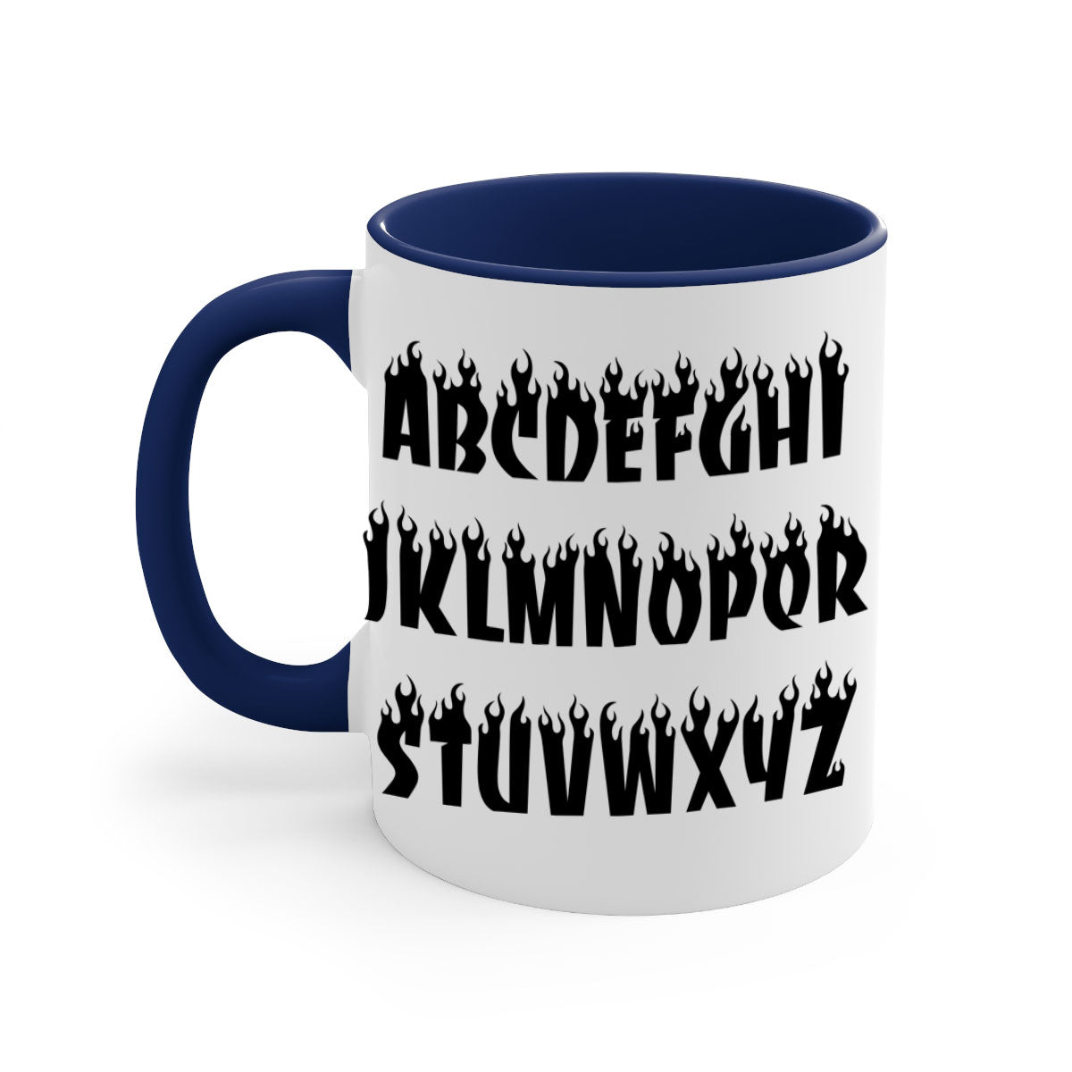 Flame font 153# Mug featuring black words and phrases, with a glossy finish and colored handle, available in multiple colors.