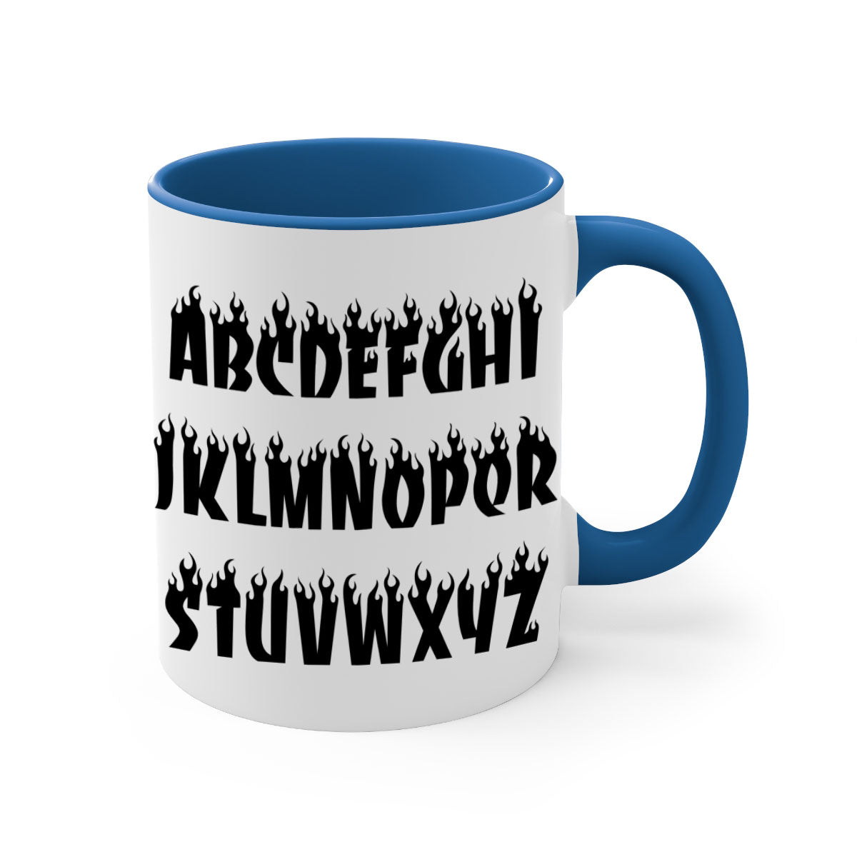 Flame font 153# Mug featuring black words and phrases, with a glossy finish and colored handle, available in multiple colors.