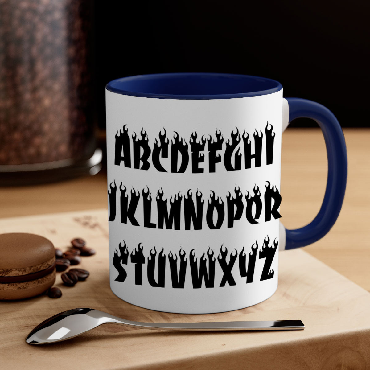 Flame font 153# Mug featuring black words and phrases, with a glossy finish and colored handle, available in multiple colors.
