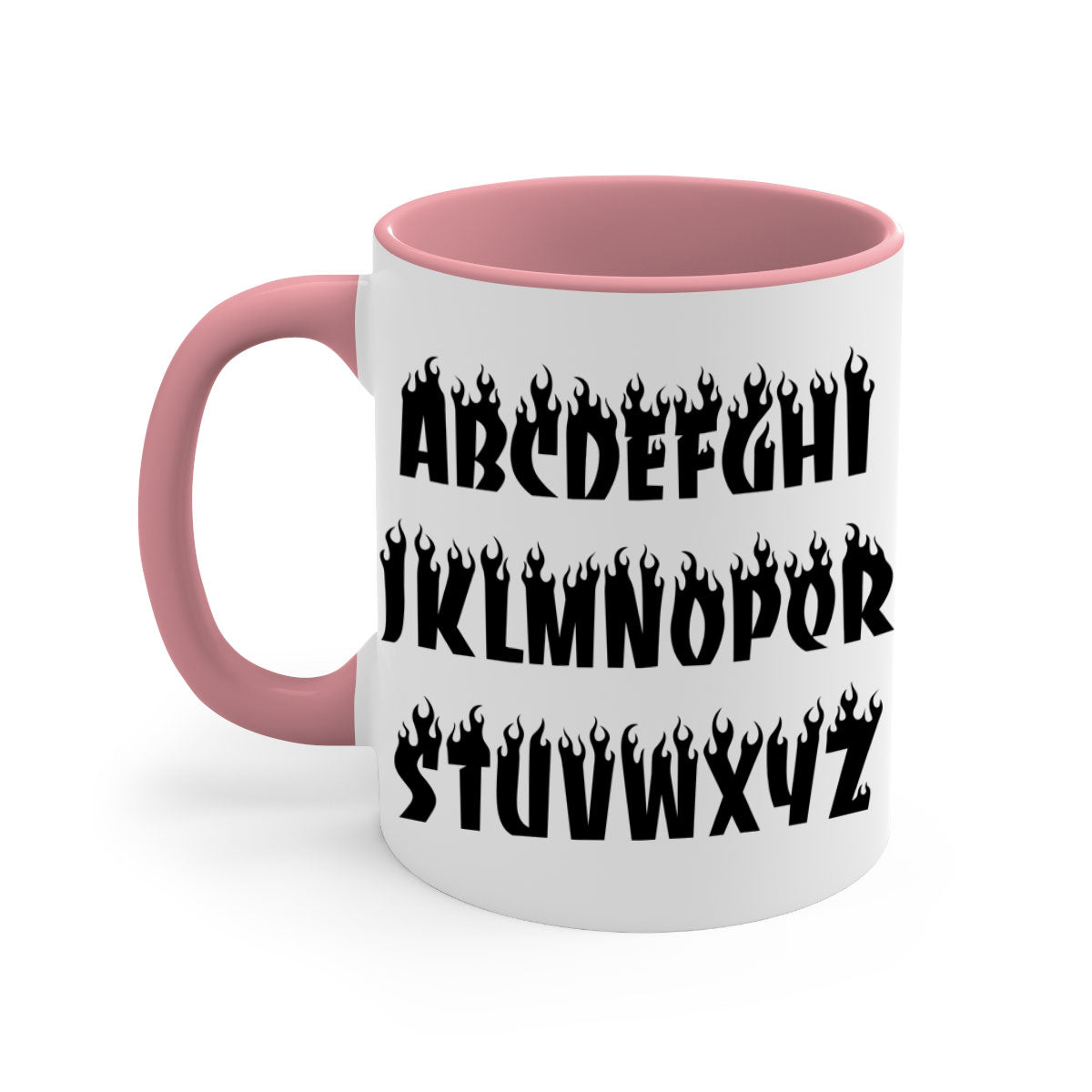 Flame font 153# Mug featuring black words and phrases, with a glossy finish and colored handle, available in multiple colors.