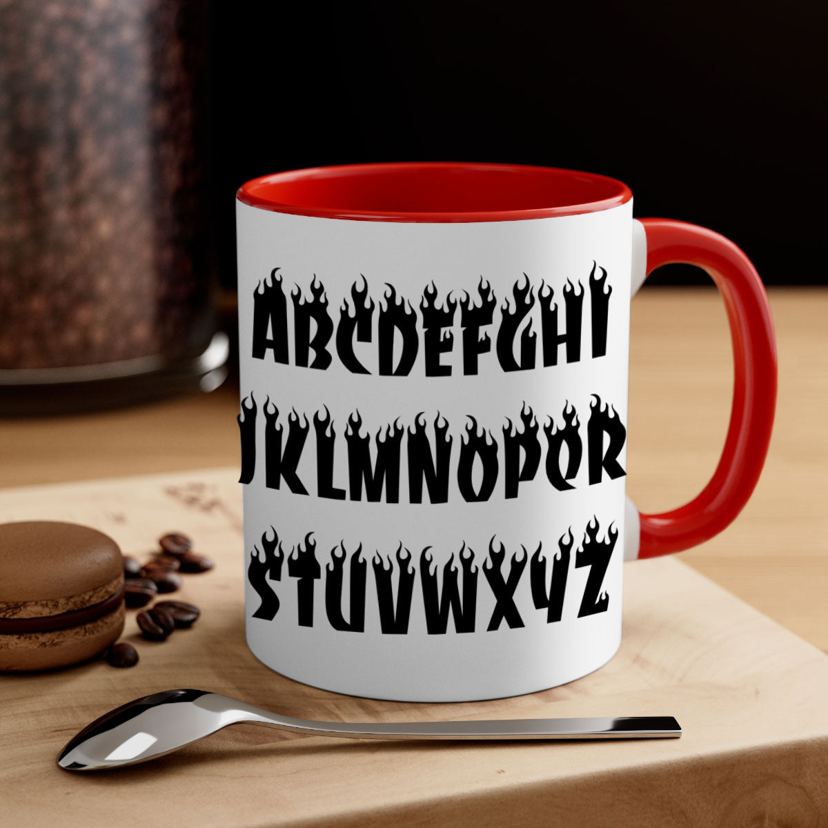 Flame font 153# Mug featuring black words and phrases, with a glossy finish and colored handle, available in multiple colors.