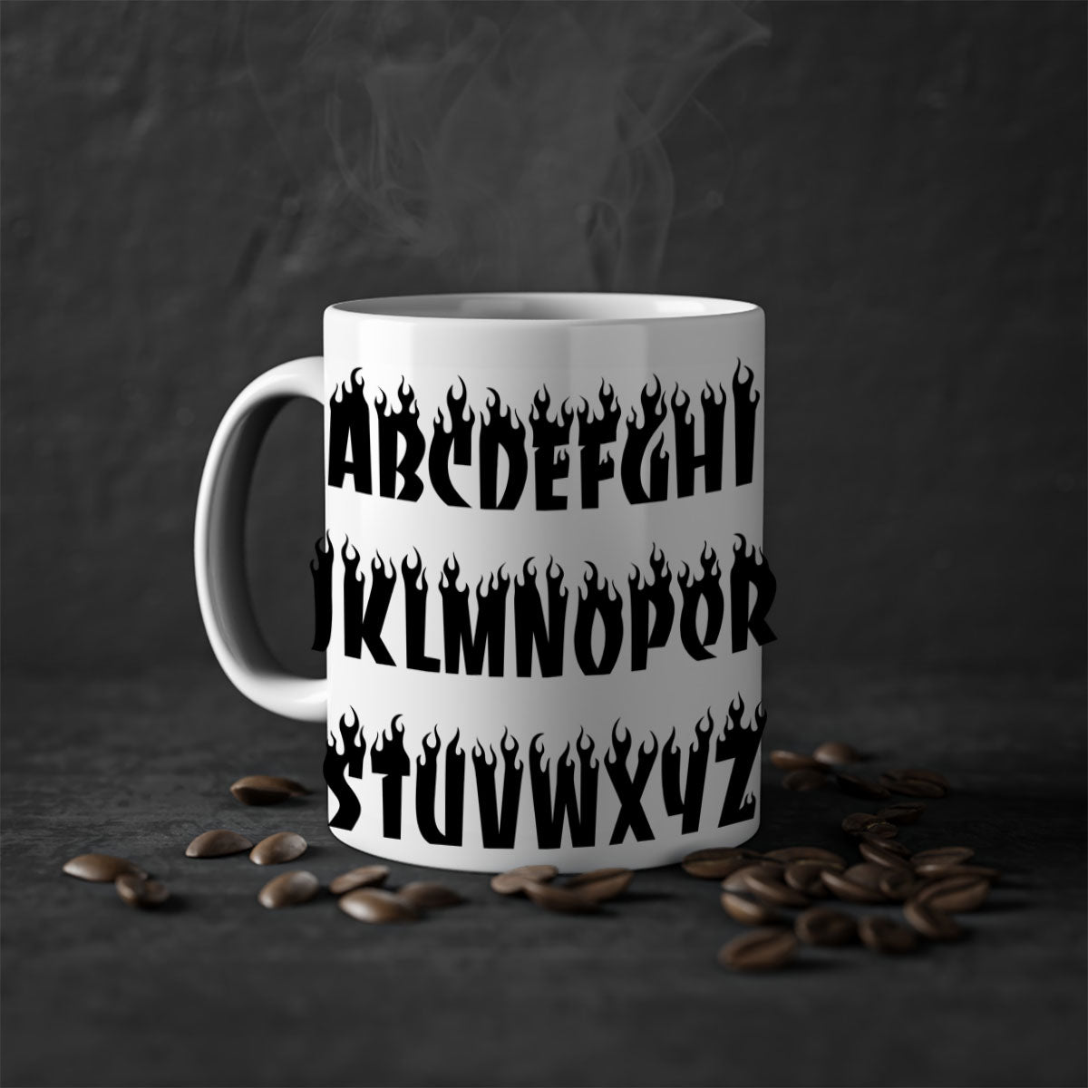Flame font 153# Mug featuring black words and phrases, with a glossy finish and colored handle, available in multiple colors.
