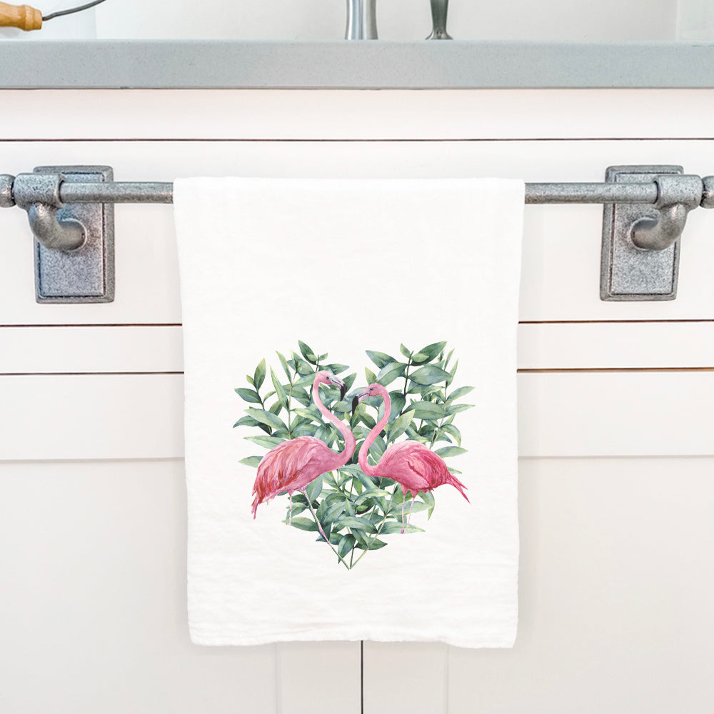 Flamingo Heart Cotton Tea Towel featuring vibrant design and hemmed edges, perfect for kitchen use.