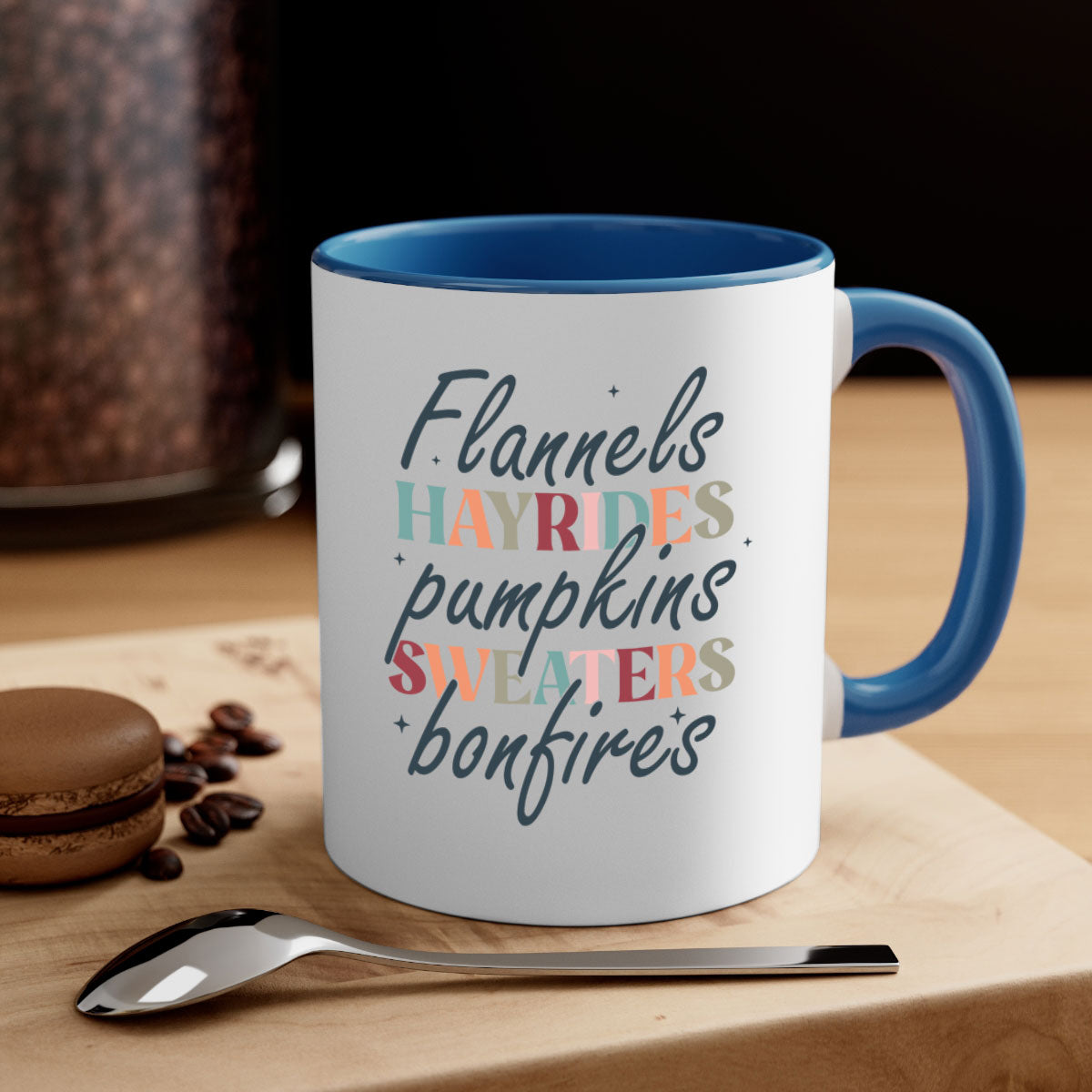 Flannels Hayrides Pumpkins Sweaters Bonfires Mug with two-tone design and glossy finish, perfect for fall beverages.