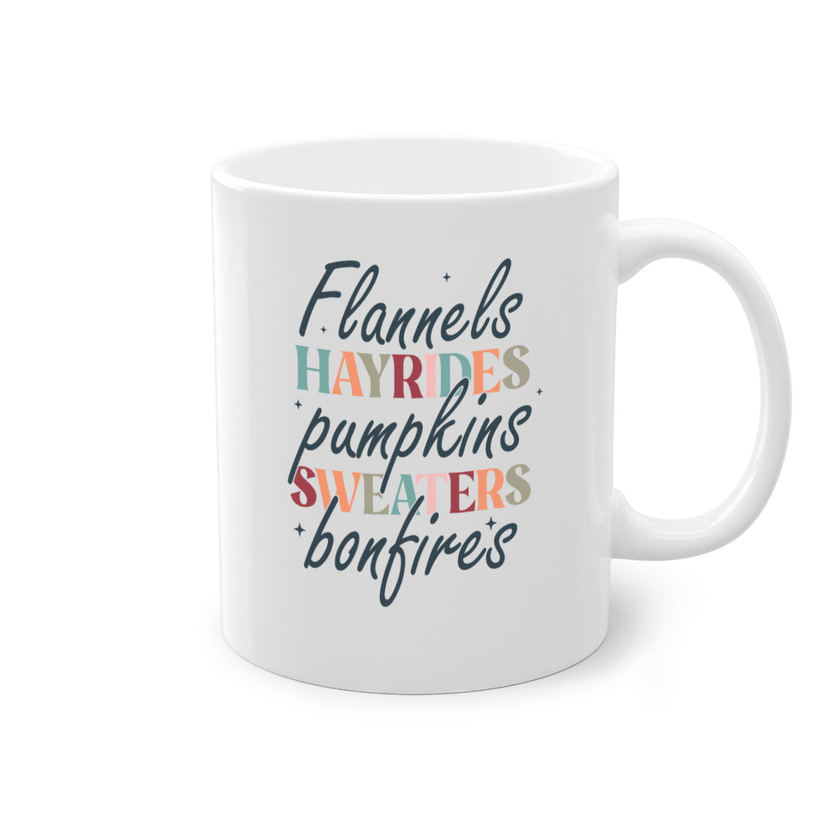 Flannels Hayrides Pumpkins Sweaters Bonfires Mug with two-tone design and glossy finish, perfect for fall beverages.