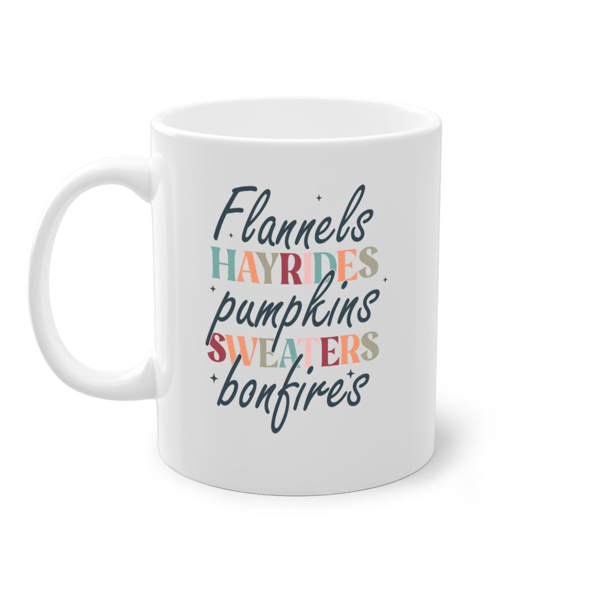 Flannels Hayrides Pumpkins Sweaters Bonfires Mug with two-tone design and glossy finish, perfect for fall beverages.