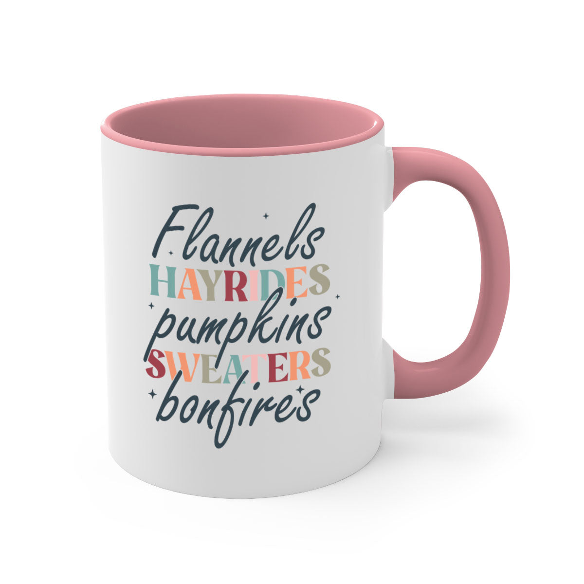 Flannels Hayrides Pumpkins Sweaters Bonfires Mug with two-tone design and glossy finish, perfect for fall beverages.