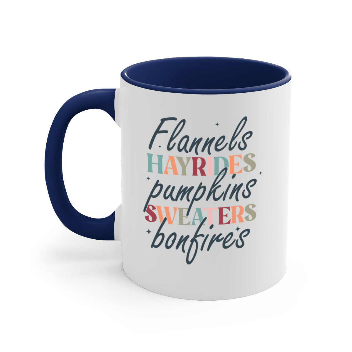 Flannels Hayrides Pumpkins Sweaters Bonfires Mug with two-tone design and glossy finish, perfect for fall beverages.