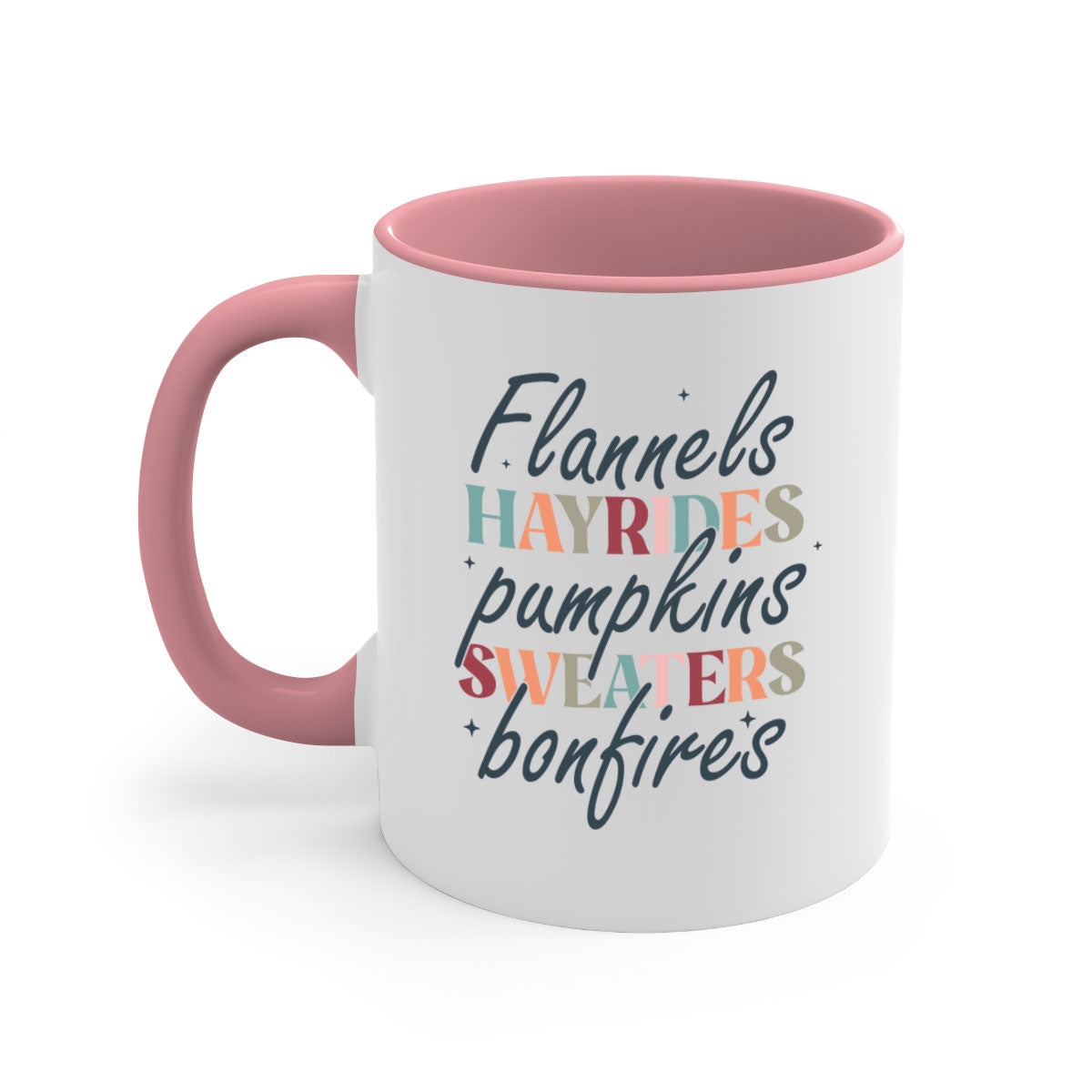 Flannels Hayrides Pumpkins Sweaters Bonfires Mug with two-tone design and glossy finish, perfect for fall beverages.