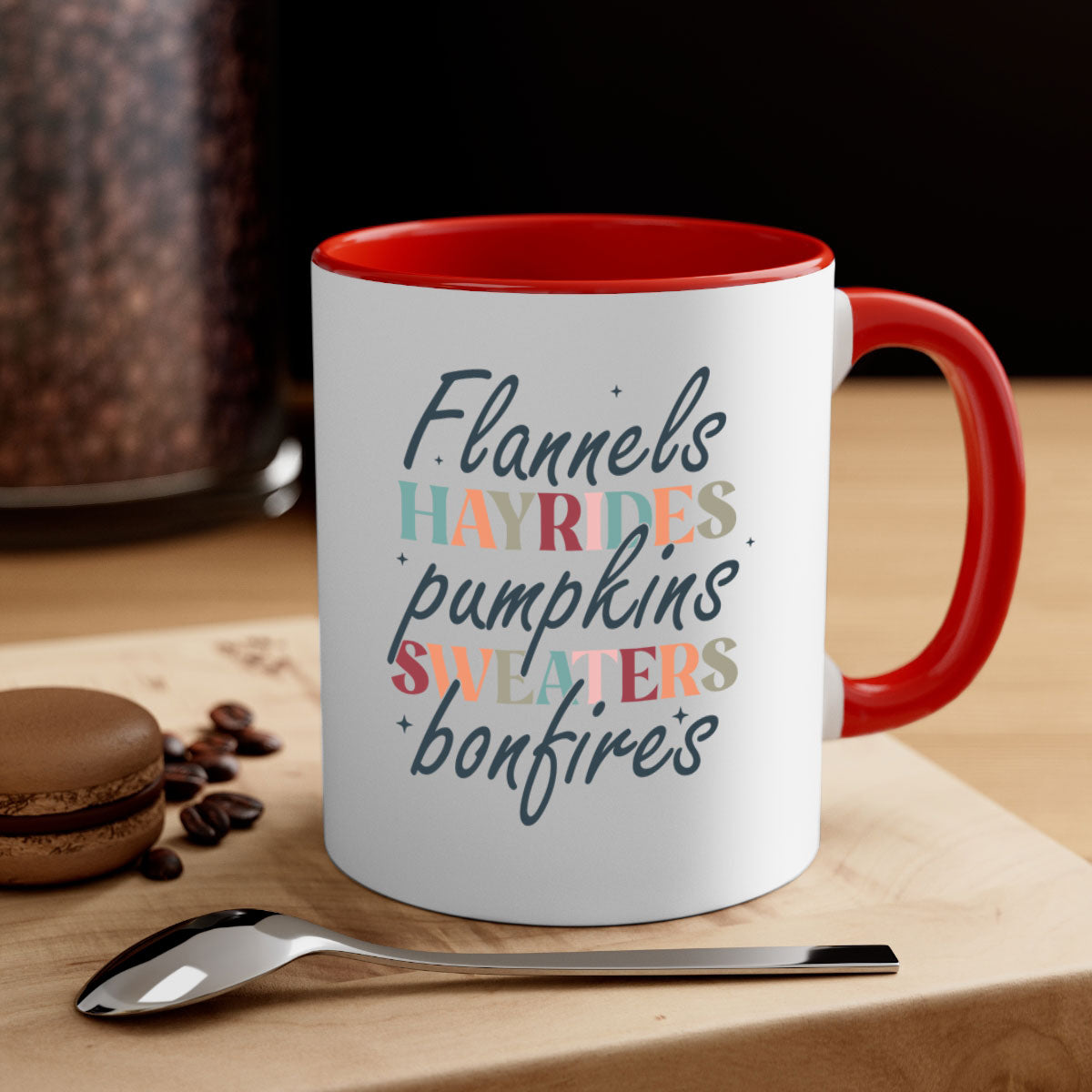 Flannels Hayrides Pumpkins Sweaters Bonfires Mug with two-tone design and glossy finish, perfect for fall beverages.