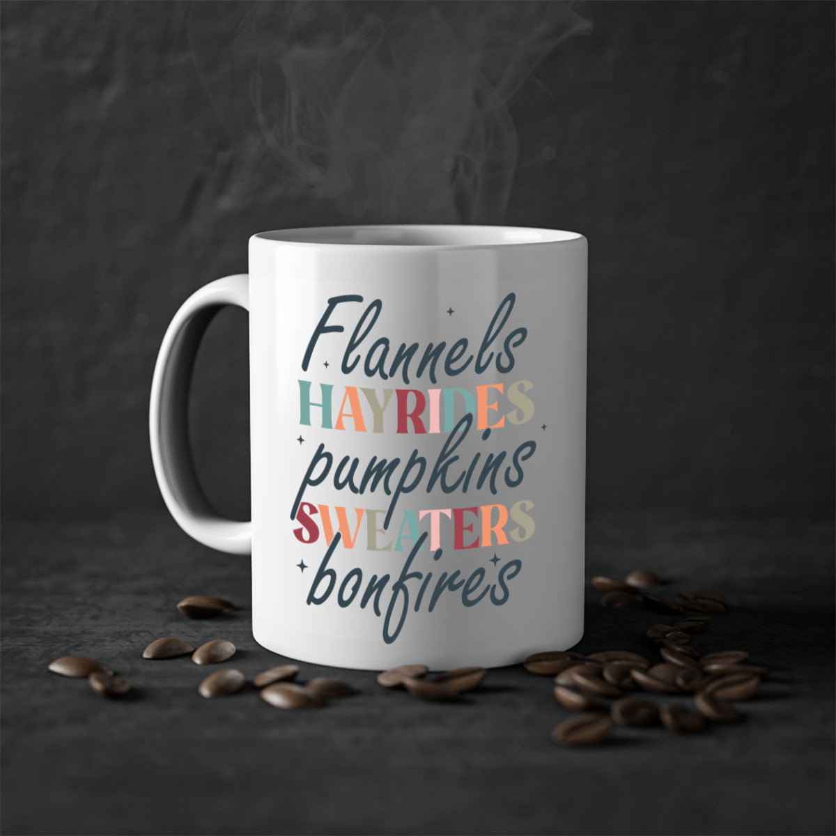 Flannels Hayrides Pumpkins Sweaters Bonfires Mug with two-tone design and glossy finish, perfect for fall beverages.