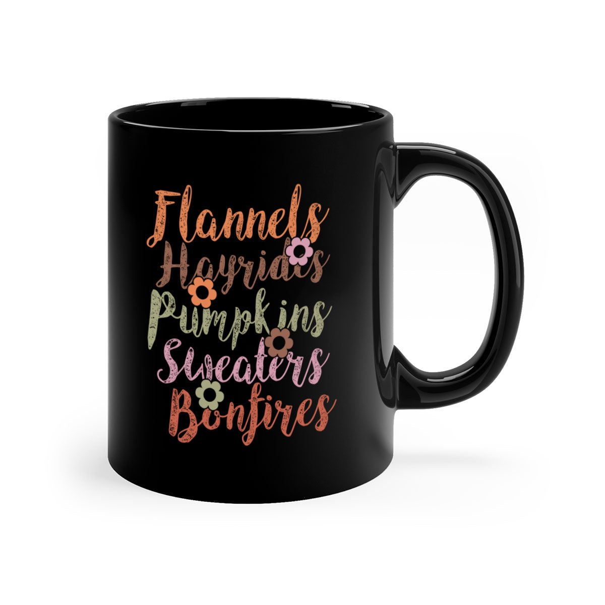 Flannels Hayrides Pumpkins Sweaters Bonfires Mug with colorful handle and glossy finish, perfect for fall beverages.