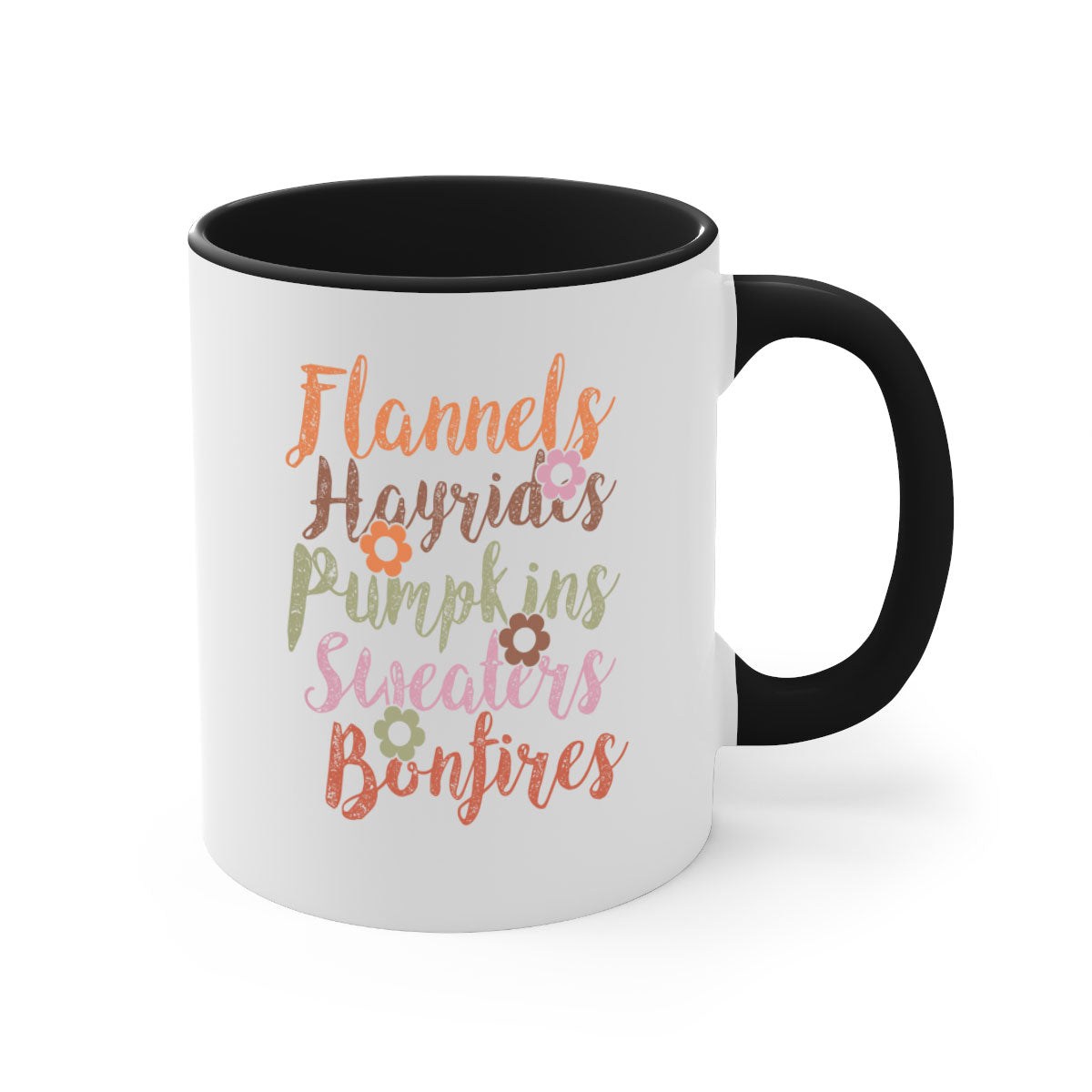 Flannels Hayrides Pumpkins Sweaters Bonfires Mug with colorful handle and glossy finish, perfect for fall beverages.