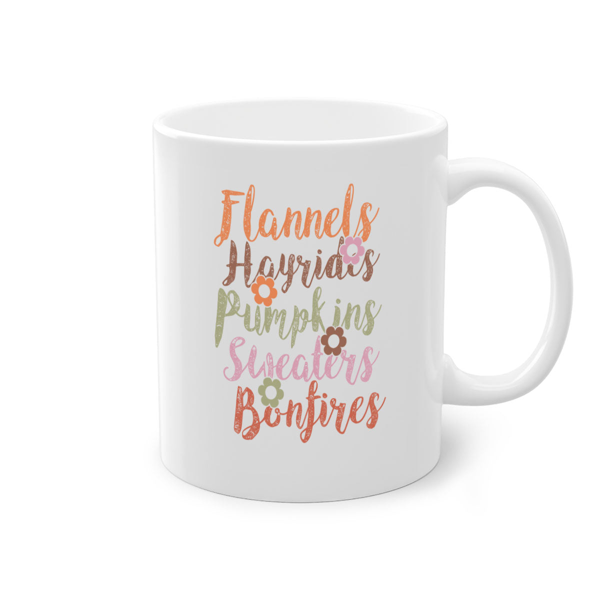 Flannels Hayrides Pumpkins Sweaters Bonfires Mug with colorful handle and glossy finish, perfect for fall beverages.